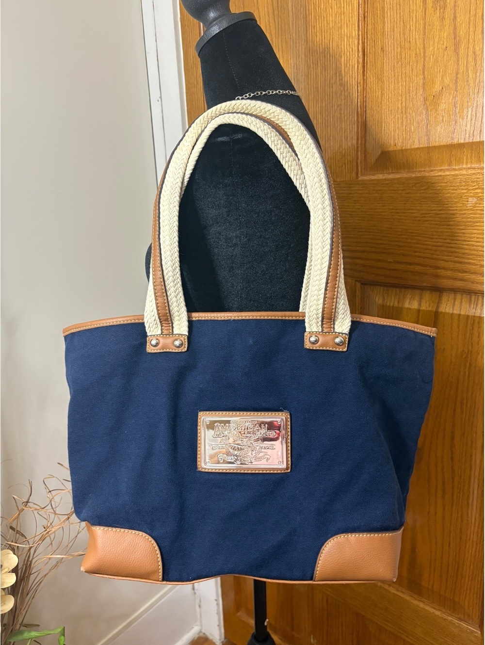 American Living Navy Blue Tote Bag Tan Trim